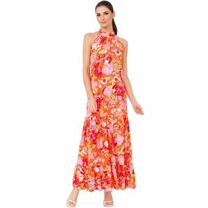 MSK Halter Maxi Dress - Floral and Tiered -Orange and Pink